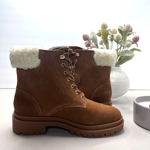 Ralph Lauren Carlee Water Resistant Suede Boots Shearling Brown Women 7.5 NWOB - Picture 6 of 9